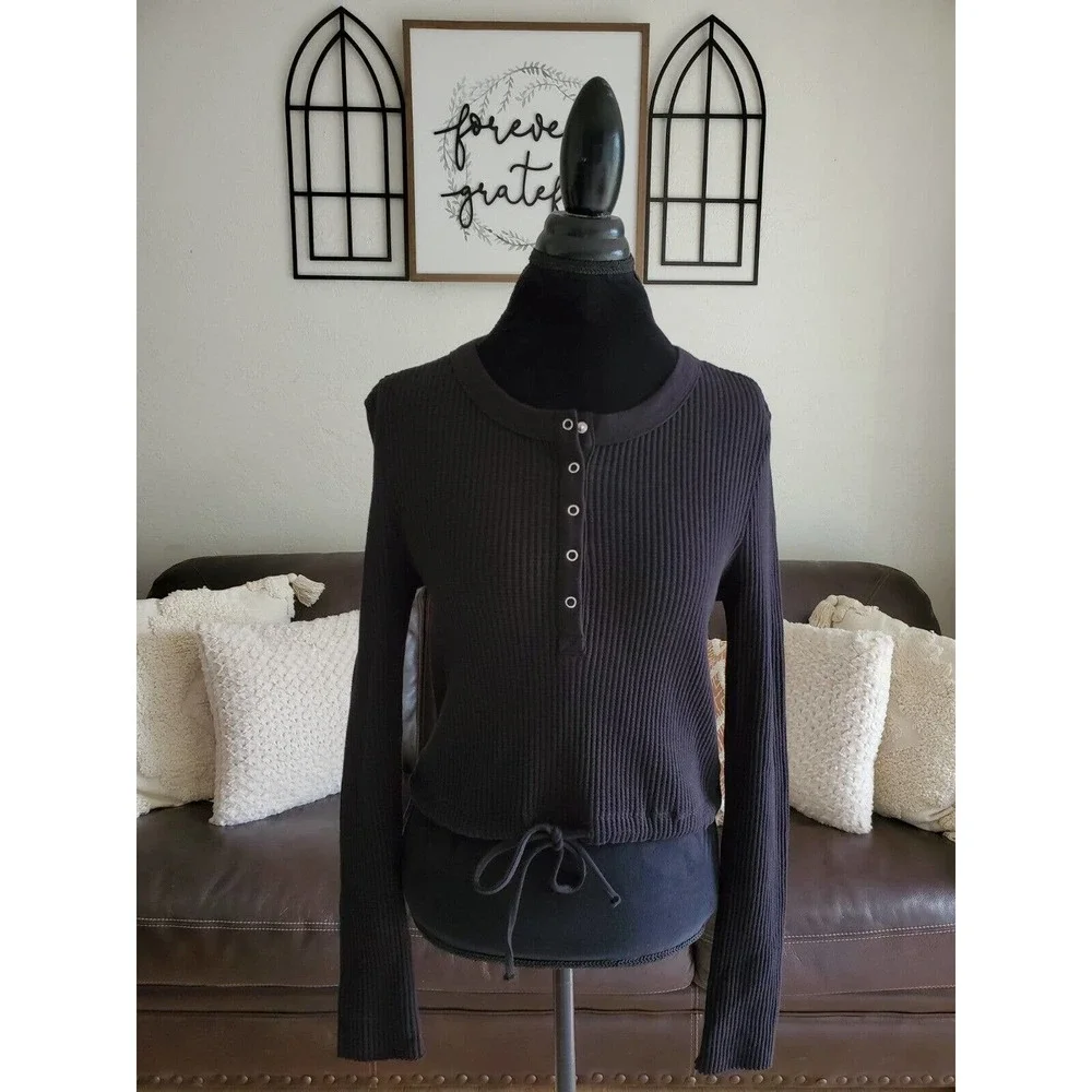 The Range Jumbo Stark Black Thermal Drawcord Long Sleeve Henley NWT
